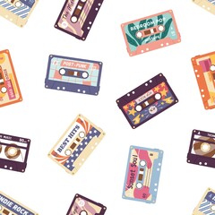 Poster - Retro cassette pattern. Seamless background with old audio stereo tapes with music records of 80s and 90s. Endless repeating magnetic casette texture. Colored flat vector illustration for printing