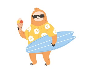 Poster - Cute sloth surfer in sunglasses holding surfboard and icecream. Happy animal in clothes on summer holiday. Funny lazy character relaxing. Colored flat vector illustration isolated on white background