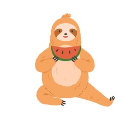 Poster - Cute sloth eating watermelon. Happy funny animal sitting and holding sweet fruit slice in paws. Charming smiling character resting with food. Flat vector illustration isolated on white background