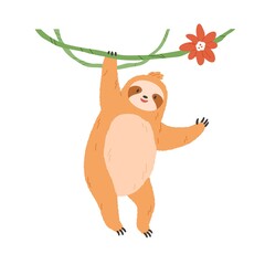 Poster - Cute sloth hanging on liana branch. Happy lazy animal waving with paw. Funny slow character smiling and saying hello, gesturing hi. Colored flat vector illustration isolated on white background