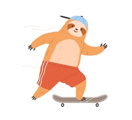 Poster - Cute sloth riding skateboard. Cool funny character skating on board. Happy smiling animal skater. Fluffy skateboarder. Colored flat vector illustration isolated on white background