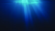 Sun rays and light shining through surface of ocean seen from underwater.