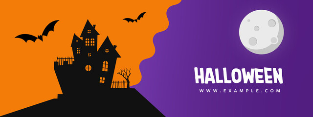 Halloween banner, sale marketing idea, pumpkin, orange and purple accent, haunted house, bats, moon, modern seasonal vector illustration template, scary graphic design, minimalist celebration layout