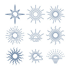 Wall Mural - Sun Sign Thin Line Icon Design Templates Symbol of Star. Vector illustration of Different Types Suns