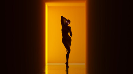 Supernatural Demon Woman with White Eyes in Silhouette Shadow Orange Corridor with a Polished Floor futuristic 3d illustration render