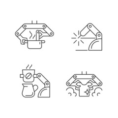 Sticker - Automated mechanical devices linear icons set. Robotic kitchen. Welding robotics. Coffee making robot. Customizable thin line contour symbols. Isolated vector outline illustrations. Editable stroke