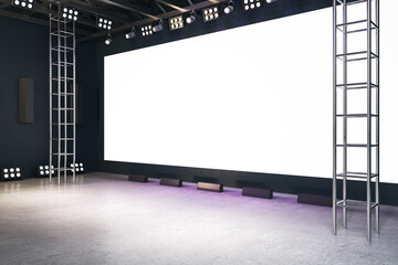 Aufkleber - Empty white rectangular screen in interior with concrete floor. Presentation, movie theater and announcement concept. Mock up, 3D Rendering.