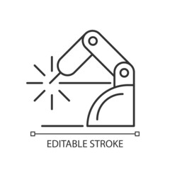 Canvas Print - Welding robotics linear icon. Robotic application in manufacturing sector. Automating factory. Thin line customizable illustration. Contour symbol. Vector isolated outline drawing. Editable stroke