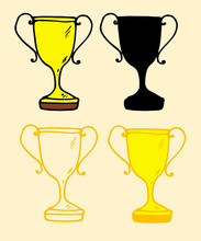 Gold Cup Set In Flat Style. A Doodle-style Yellow Doodle Cup With A Black Outline And Silhouette Is A Reward, Side View. The Winner's Symbol On A White Background For The Design Template