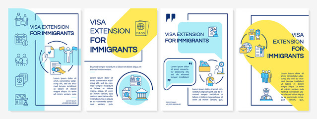 Visa extension brochure template. Border entry permission. Flyer, booklet, leaflet print, cover design with linear icons. Vector layouts for presentation, annual reports, advertisement pages
