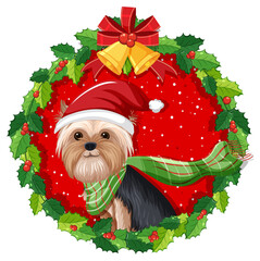 Poster - Cute Yorkshire Terrier dog in Christmas wreath isolated