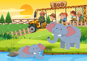 Wall Mural - Children on tourist car watching elephant group in the zoo scene