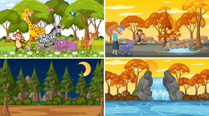 Set of different nature scenes background with people