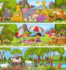 Wall Mural - Different nature landscape at daytime scene with cartoon character