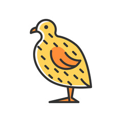 Poster - Japanese quail RGB color icon. Coturnix japonica. Domestic bird. Commercial poultry farming. Quails farming for meat and eggs. Isolated vector illustration. Simple filled line drawing