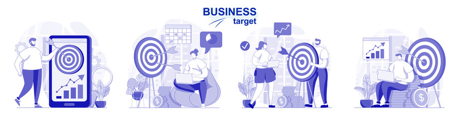 Poster - business target isolated set in flat design. people achievement goals, develop success strategy coll