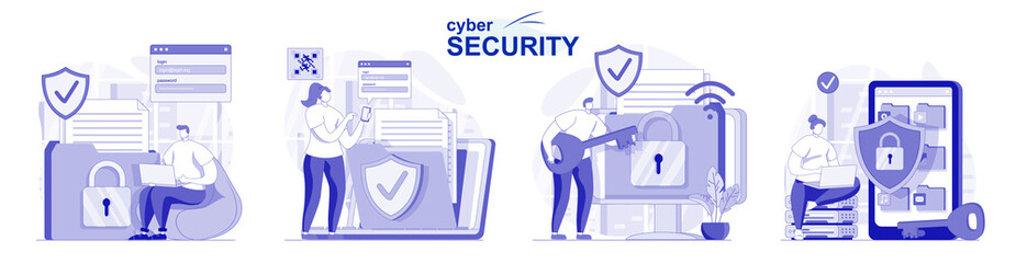 Fototapete - Cyber security isolated set in flat design. People using safety account access, online protection, collection of scenes. Vector illustration for blogging, website, mobile app, promotional materials.