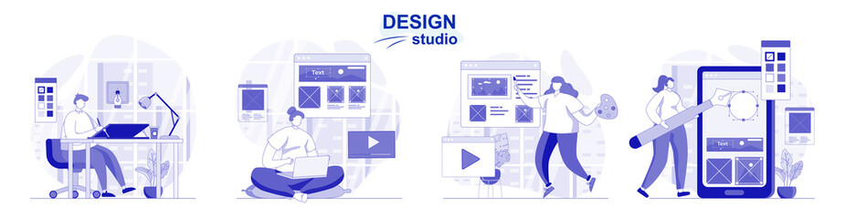Leinwandbilder - Design studio isolated set in flat design. People draw graphic elements and create web content, collection of scenes. Vector illustration for blogging, website, mobile app, promotional materials.