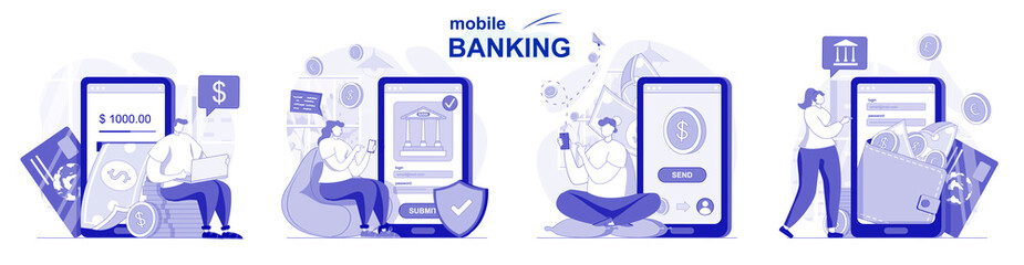 Aufkleber - Mobile banking isolated set in flat design. People make financial transactions using application, collection of scenes. Vector illustration for blogging, website, mobile app, promotional materials.