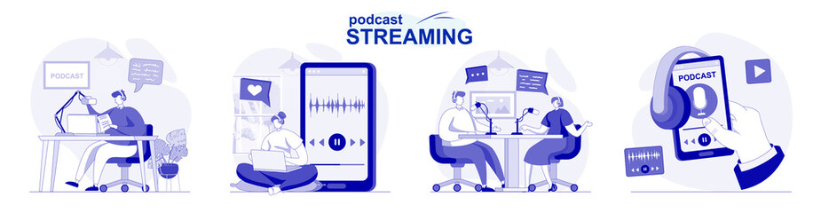 Aufkleber - Podcast streaming isolated set in flat design. People make online broadcast or recording at studio, collection of scenes. Vector illustration for blogging, website, mobile app, promotional materials.