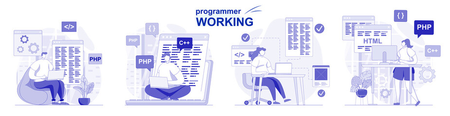 Leinwandbilder - Programmer working isolated set in flat design. People coding, testing, programming software, collection of scenes. Vector illustration for blogging, website, mobile app, promotional materials.