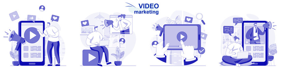 Poster - video marketing isolated set in flat design. people create and posting content, online promotion, co