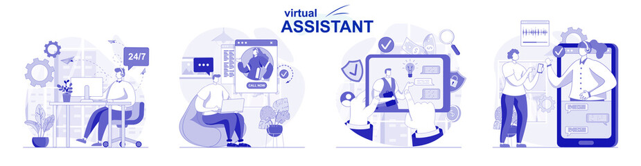 Poster - Virtual assistant isolated set in flat design. People advise clients, resolve issues by video call, collection of scenes. Vector illustration for blogging, website, mobile app, promotional materials.