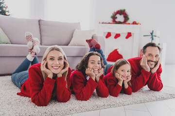 Poster - Portrait of beautiful handsome full big adopted foster family wife husband lying on carpet spending time at home house indoors