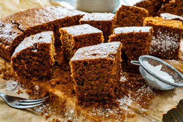 Wall Mural - Carrot cake on wooden table