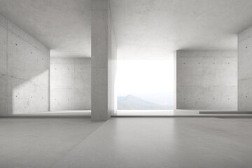 3d render of empty concrete room with large wall structure on nature background.