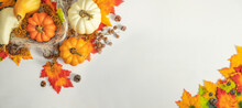 Autumn Decor,  Pumpkins,dry  Berries And Leaves On A White  Background. Concept Of Thanksgiving , Halloween. Flat Lay  With Copy Space.