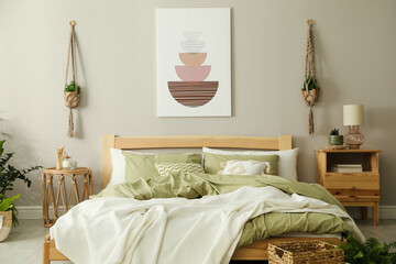 Sticker - Stylish room interior with comfortable wooden bed