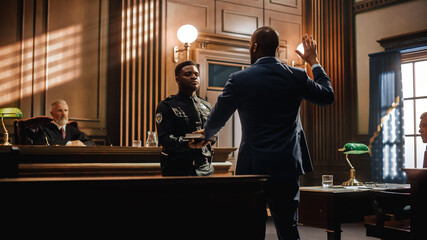 Wall Mural - Law and Justice Court Case Witness Solemnly Swears that the Evidence He Shall Give Shall be the Truth and Nothing but the Truth Before Testifying to Lawyers and Judge in Courthouse.