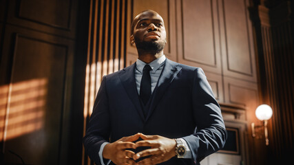 Wall Mural - Court of Law Trial in Session: Portrait of Charismatic Male Public Defender Making Touching, Passionate Speech to Judge and Jury. Attorney Lawyer Protecting Client, Cross Examining Witnesses