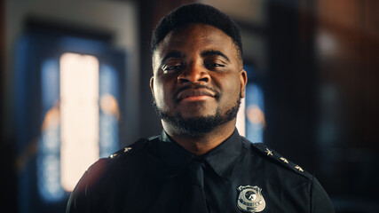 Authentic Portrait of Happy and Handsome Black Policeman in Universal Uniform Smiling at Camera. Successful African American Law Enforcement Agent. Courtroom Security Guard at Work.