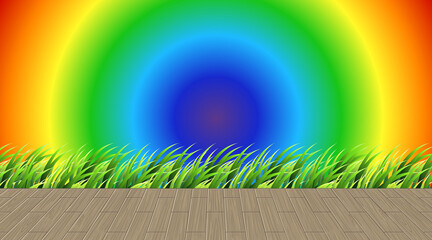 Wall Mural - Grass and wood floor on rainbow gradient background