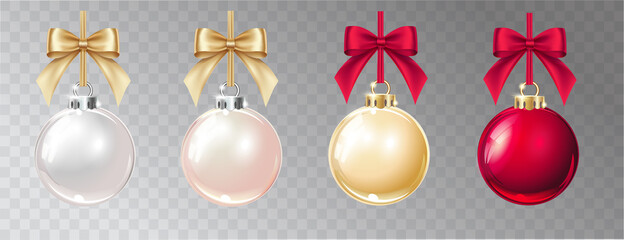 Wall Mural - Vector realistic Christmas decorations on a light abstract background. Color glass sphere and gold and red bows.