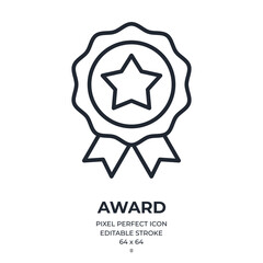 Award icon editable stroke outline icon isolated on white background flat vector illustration. Pixel perfect. 64 x 64.