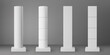 Base white cylinder and square columns set with rectangular plinth isolated on grey background. Realistic 3d pillar for modern room interior or bridge construction. Render pole base for billboard.