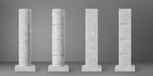 Concrete cylinder and square columns set with rectangular plinth isolated on grey background. Realistic cement 3d pillar for modern room interior or bridge construction. Vector concrete pole base.