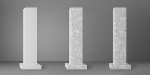 Concrete square columns set with rectangular plinth and cracks isolated on grey background. Realistic old cement 3d pillar for modern room interior or bridge construction. Concrete pole base