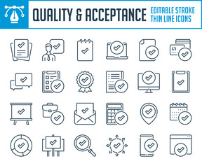 Fototapete - Quality and Acceptance thin line icons. Check mark, Approve and Quality assurance outline icon set. Editable stroke icons.