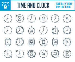 Poster - Time and Clock thin line icons. Countdown, Time management and Stopwatch outline icon set. Editable stroke icons.