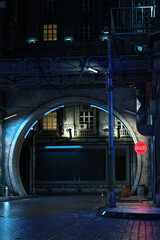 Aufkleber - Moody dark futuristic city street at night, realistic 3D illustration in portrait format with copy space.
