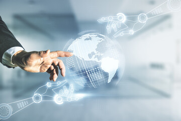 Aufkleber - Man hand working with abstract virtual robotics technology hologram with globe sketch on blurred office background. Robot development and automation concept. Multiexposure