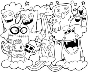 Funny monsters seamless pattern for coloring book. Black and white background. Vector illustration