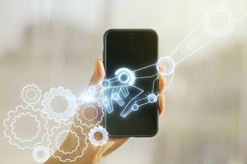 Aufkleber - Creative abstract robotics technology sketch and hand with cellphone on background, future technology and AI concept. Double exposure