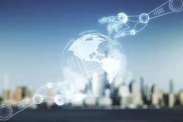 Aufkleber - Abstract virtual robotics technology sketch with globe on blurry office buildings background, future technology and AI concept. Double exposure