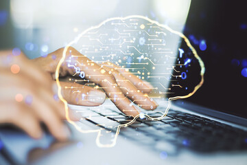 Aufkleber - Double exposure of creative artificial Intelligence symbol with hands typing on laptop on background. Neural networks and machine learning concept