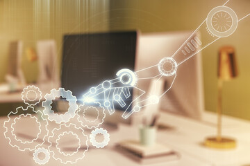 Aufkleber - Creative concept of robotics technology on modern laptop background. Robot development and automation concept. Multiexposure